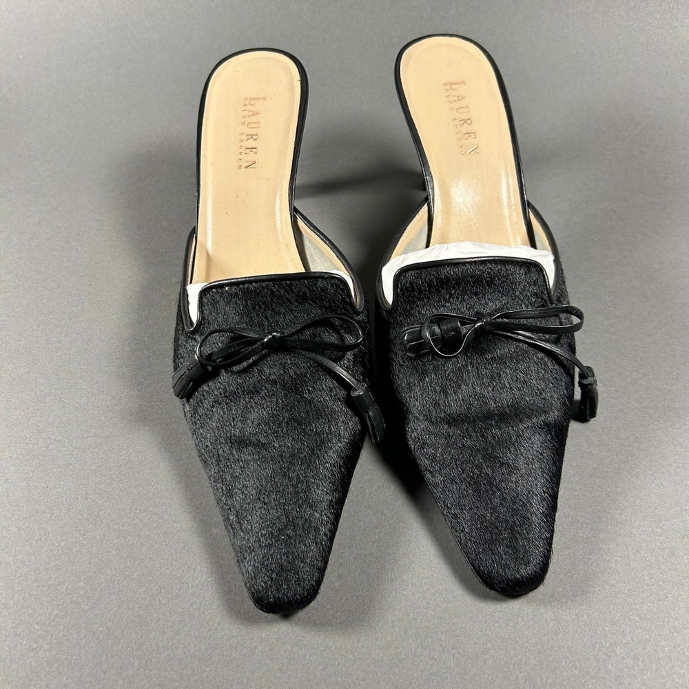 Lauren Ralph Lauren Cornelia Black Calf Hair Pointed Toe Bow Mules Heels 11B